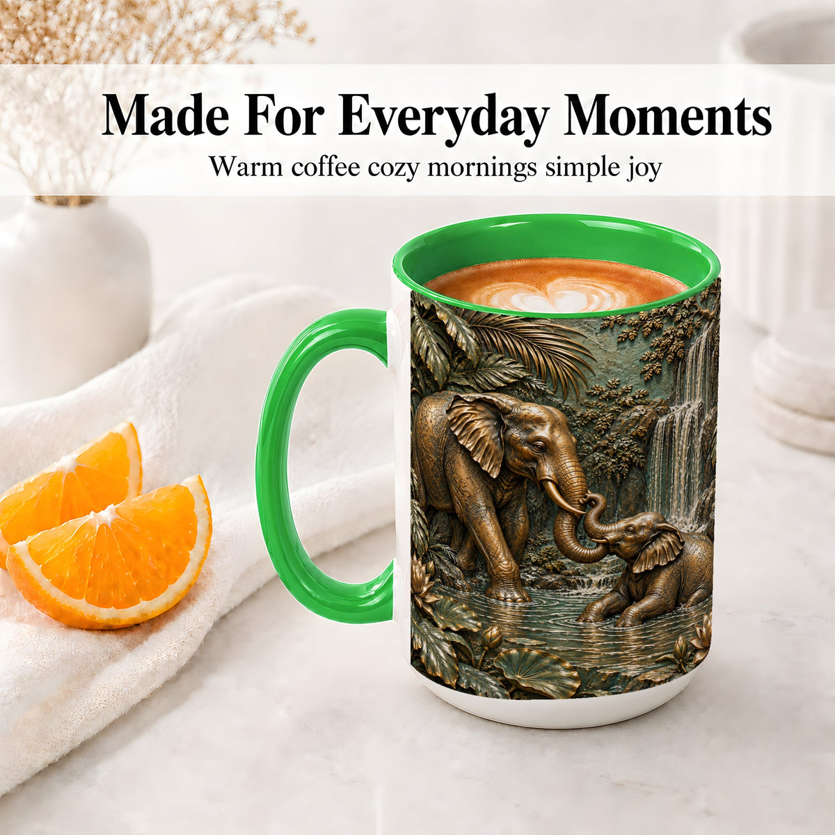 #pl[15oz|Green] Elephant Family Ceramic Mug, Bronze Style Jungle Artwork