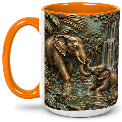 #pl[15oz|Orange] Elephant Family Ceramic Mug, Bronze Style Jungle Artwork