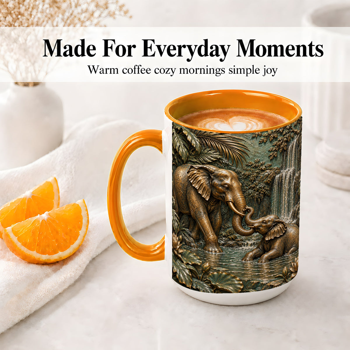 #pl[15oz|Orange] Elephant Family Ceramic Mug, Bronze Style Jungle Artwork