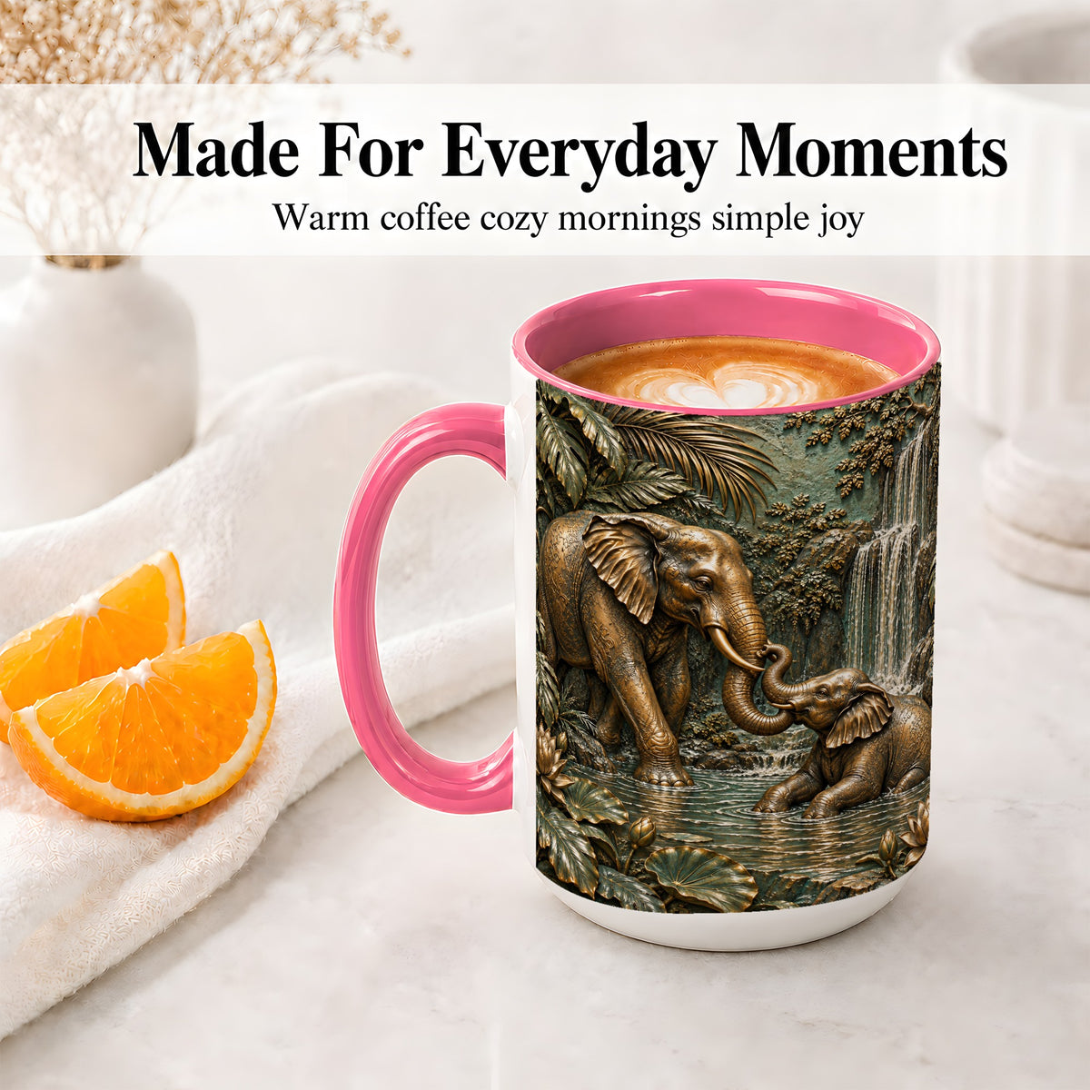 #pl[15oz|Pink] Elephant Family Ceramic Mug, Bronze Style Jungle Artwork