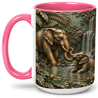 #pl[15oz|Pink] Elephant Family Ceramic Mug, Bronze Style Jungle Artwork