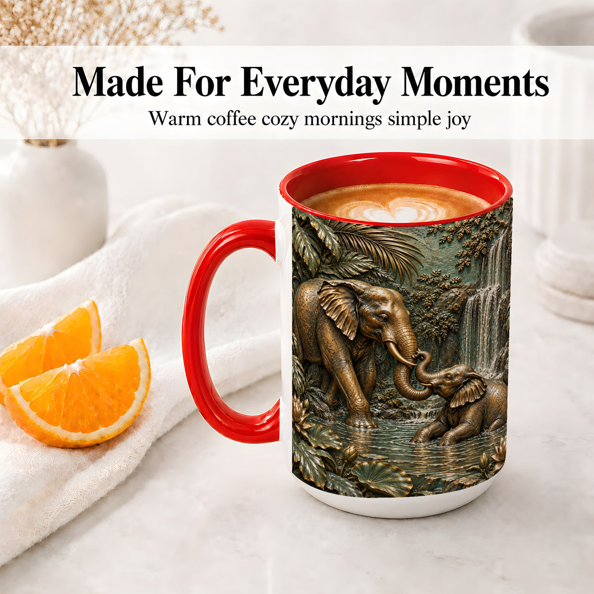 #pl[15oz|Red] Elephant Family Ceramic Mug, Bronze Style Jungle Artwork