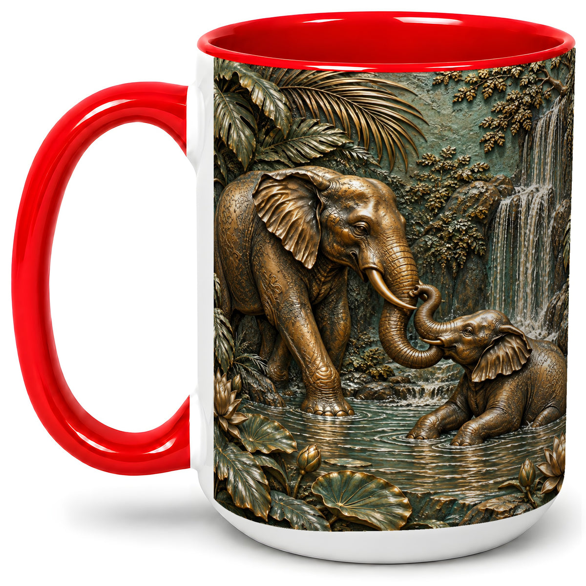 #pl[15oz|Red] Elephant Family Ceramic Mug, Bronze Style Jungle Artwork