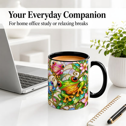 #pl[11oz|Black] Colorful Frog Ceramic Mug, Stained Glass Style Floral Artwork