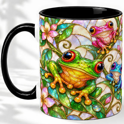 #pl[11oz|Black] Colorful Frog Ceramic Mug, Stained Glass Style Floral Artwork