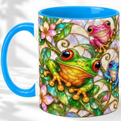 #pl[11oz|Blue] Colorful Frog Ceramic Mug, Stained Glass Style Floral Artwork