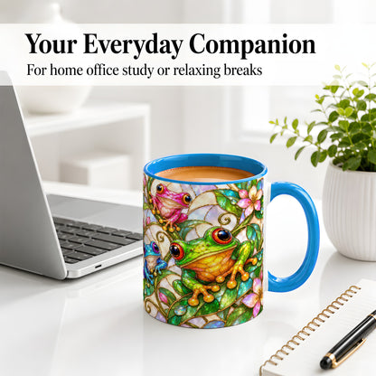 #pl[11oz|Blue] Colorful Frog Ceramic Mug, Stained Glass Style Floral Artwork