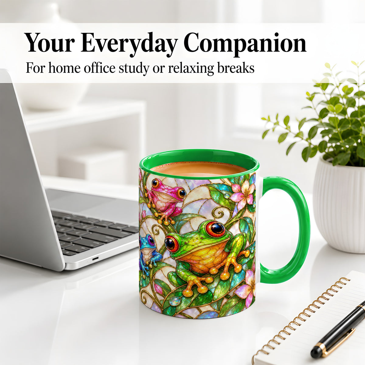 #pl[11oz|Green] Colorful Frog Ceramic Mug, Stained Glass Style Floral Artwork