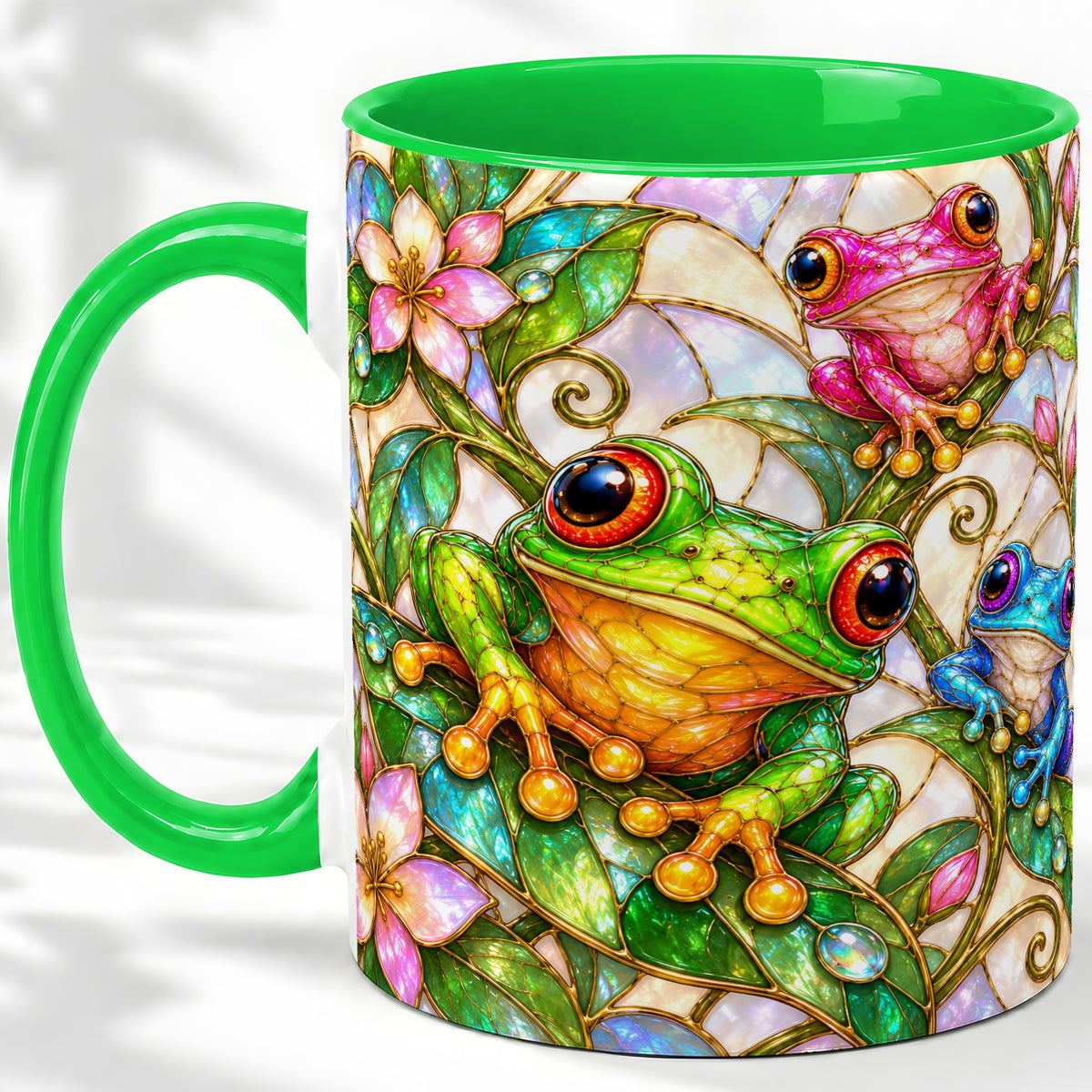 #pl[11oz|Green] Colorful Frog Ceramic Mug, Stained Glass Style Floral Artwork