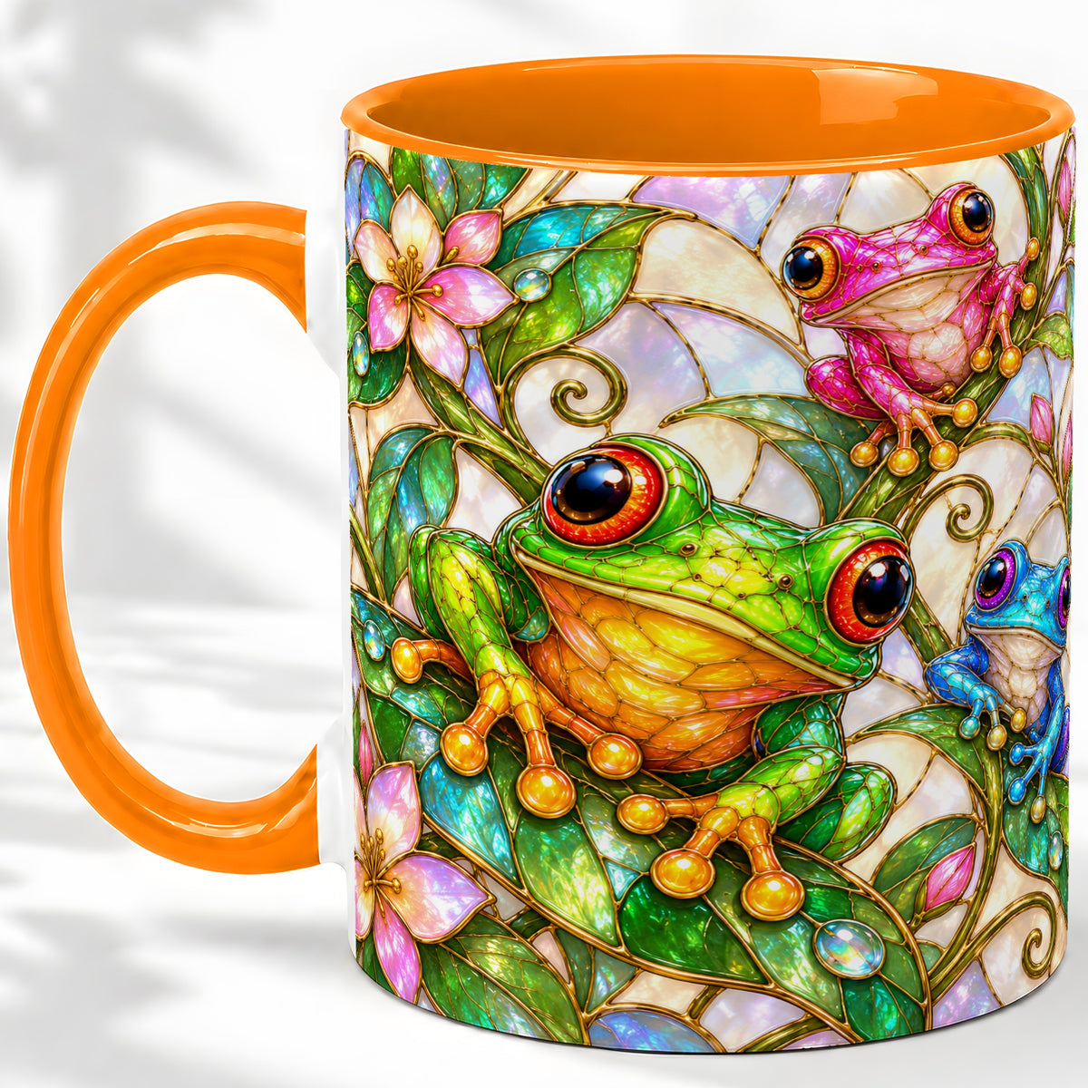 #pl[11oz|Orange] Colorful Frog Ceramic Mug, Stained Glass Style Floral Artwork