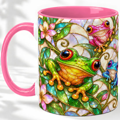 #pl[11oz|Pink] Colorful Frog Ceramic Mug, Stained Glass Style Floral Artwork