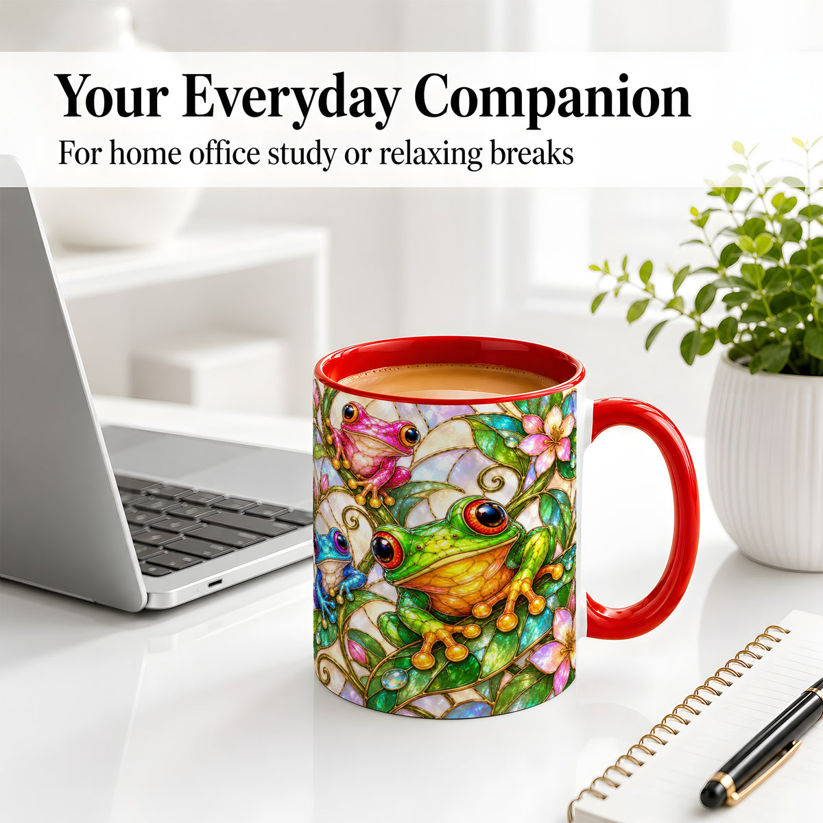 #pl[11oz|Red] Colorful Frog Ceramic Mug, Stained Glass Style Floral Artwork