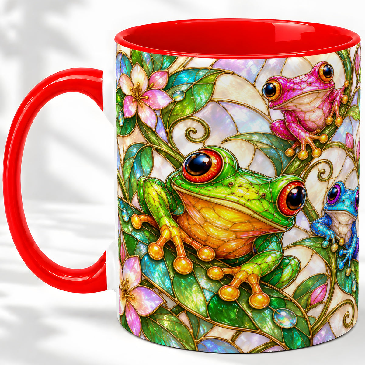 Colorful Frog Ceramic Mug, Stained Glass Style Floral Artwork