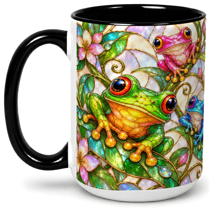 #pl[15oz|Black] Colorful Frog Ceramic Mug, Stained Glass Style Floral Artwork