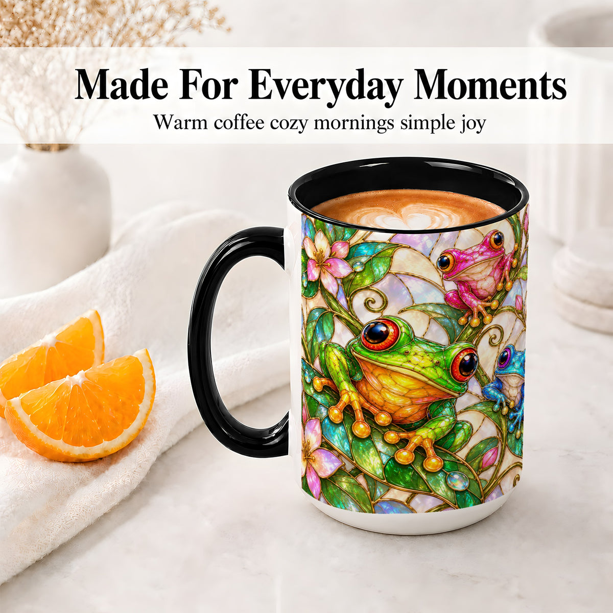 #pl[15oz|Black] Colorful Frog Ceramic Mug, Stained Glass Style Floral Artwork