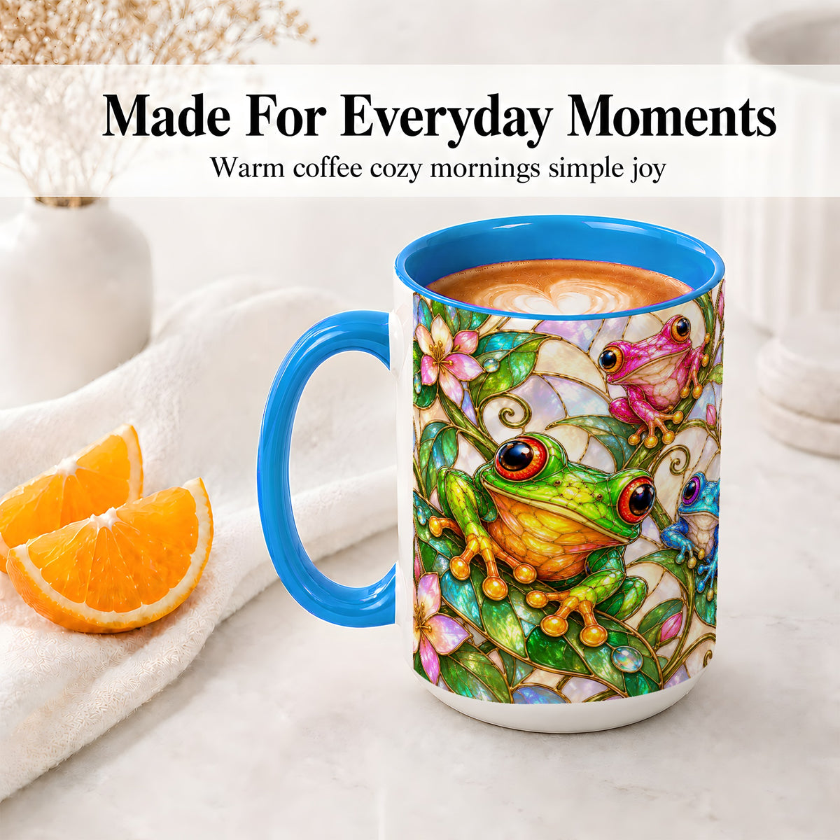 #pl[15oz|Blue] Colorful Frog Ceramic Mug, Stained Glass Style Floral Artwork