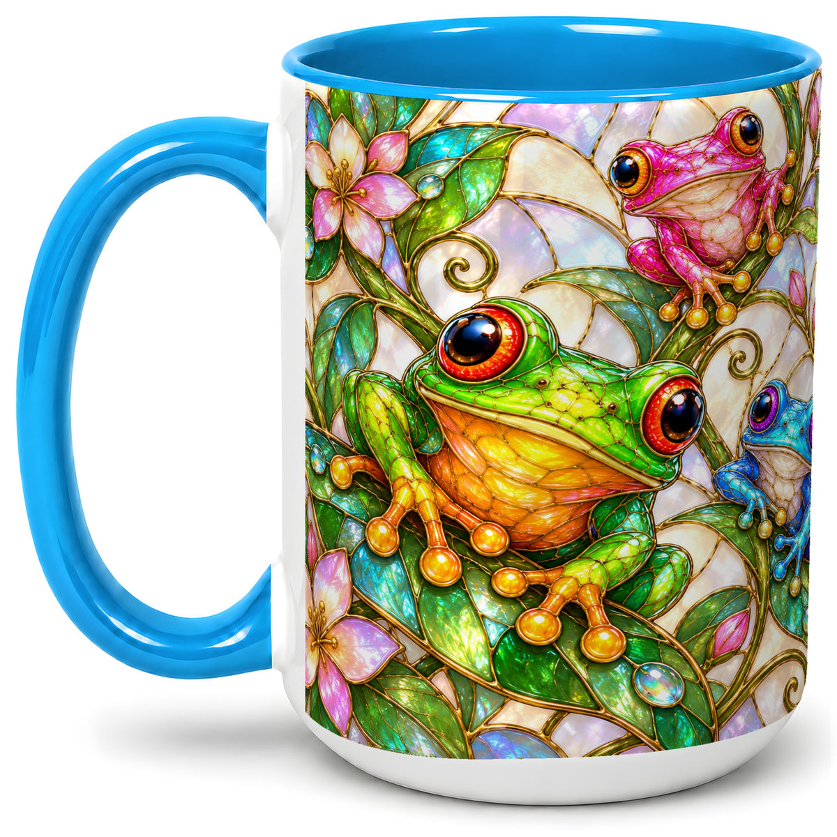 #pl[15oz|Blue] Colorful Frog Ceramic Mug, Stained Glass Style Floral Artwork
