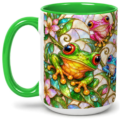 #pl[15oz|Green] Colorful Frog Ceramic Mug, Stained Glass Style Floral Artwork