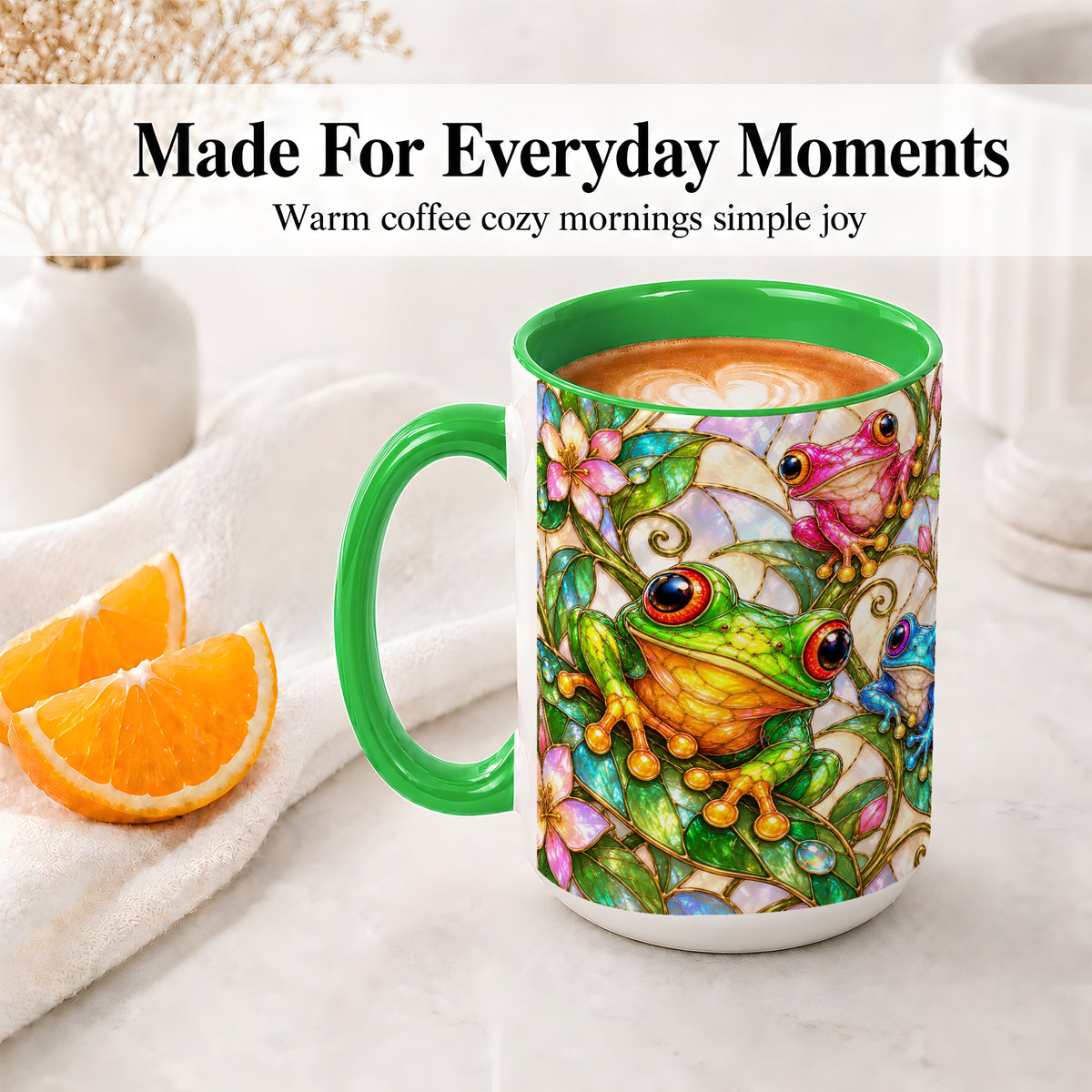 #pl[15oz|Green] Colorful Frog Ceramic Mug, Stained Glass Style Floral Artwork