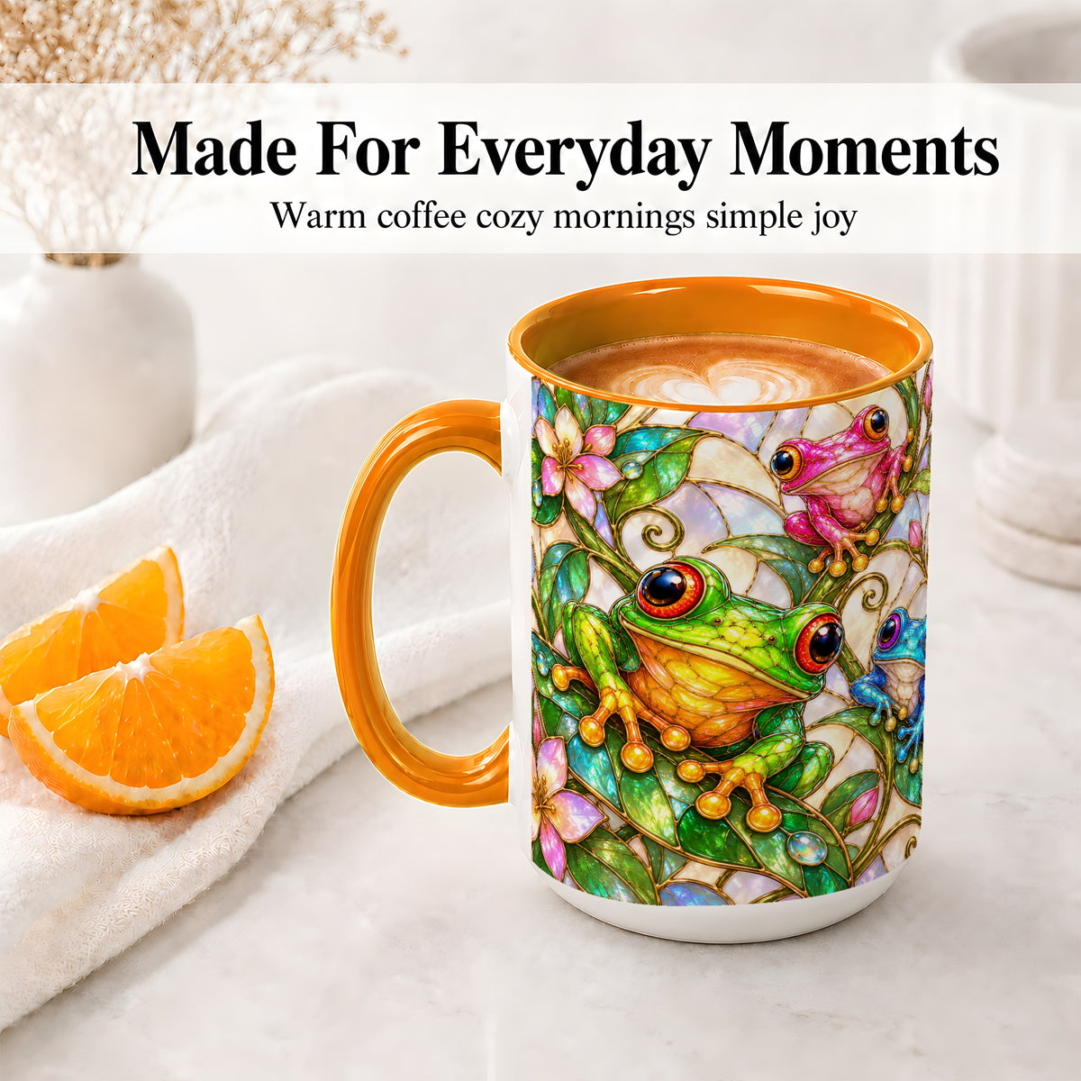 #pl[15oz|Orange] Colorful Frog Ceramic Mug, Stained Glass Style Floral Artwork