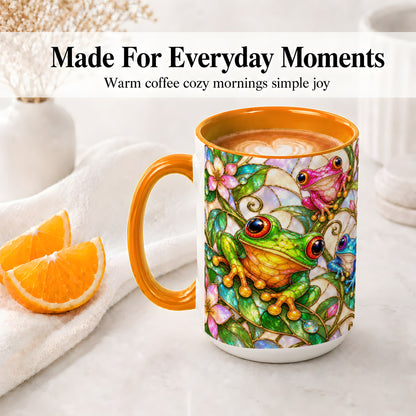 #pl[15oz|Orange] Colorful Frog Ceramic Mug, Stained Glass Style Floral Artwork