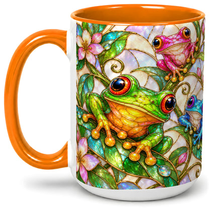 #pl[15oz|Orange] Colorful Frog Ceramic Mug, Stained Glass Style Floral Artwork