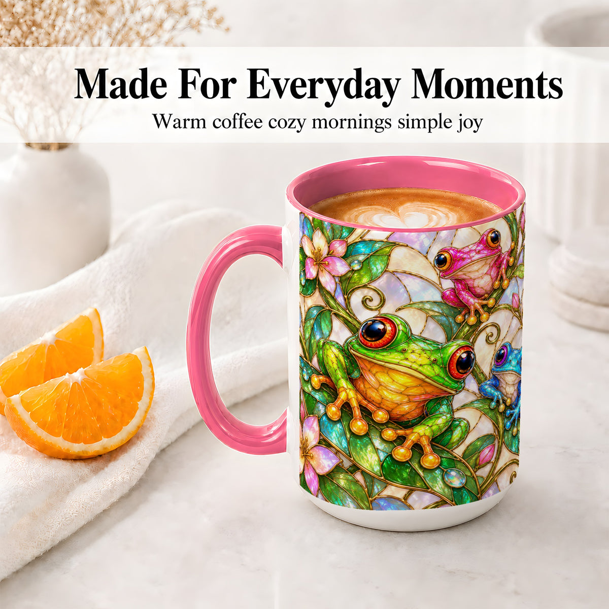 #pl[15oz|Pink] Colorful Frog Ceramic Mug, Stained Glass Style Floral Artwork