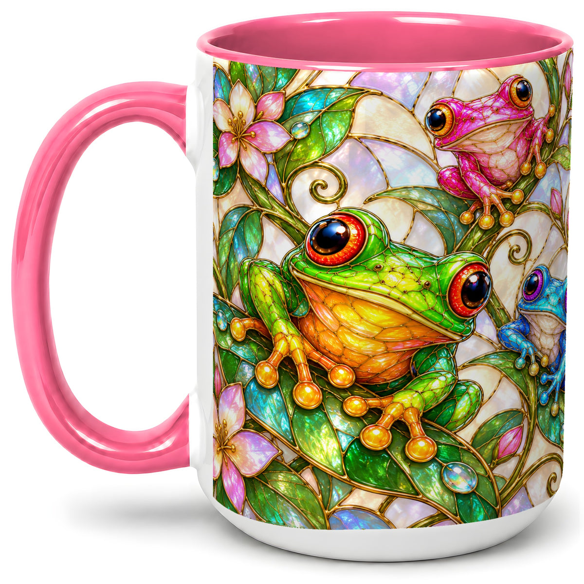 #pl[15oz|Pink] Colorful Frog Ceramic Mug, Stained Glass Style Floral Artwork