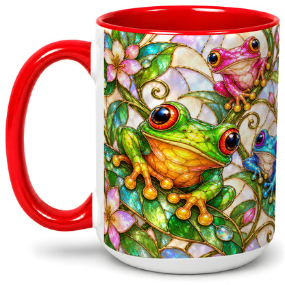 #pl[15oz|Red] Colorful Frog Ceramic Mug, Stained Glass Style Floral Artwork