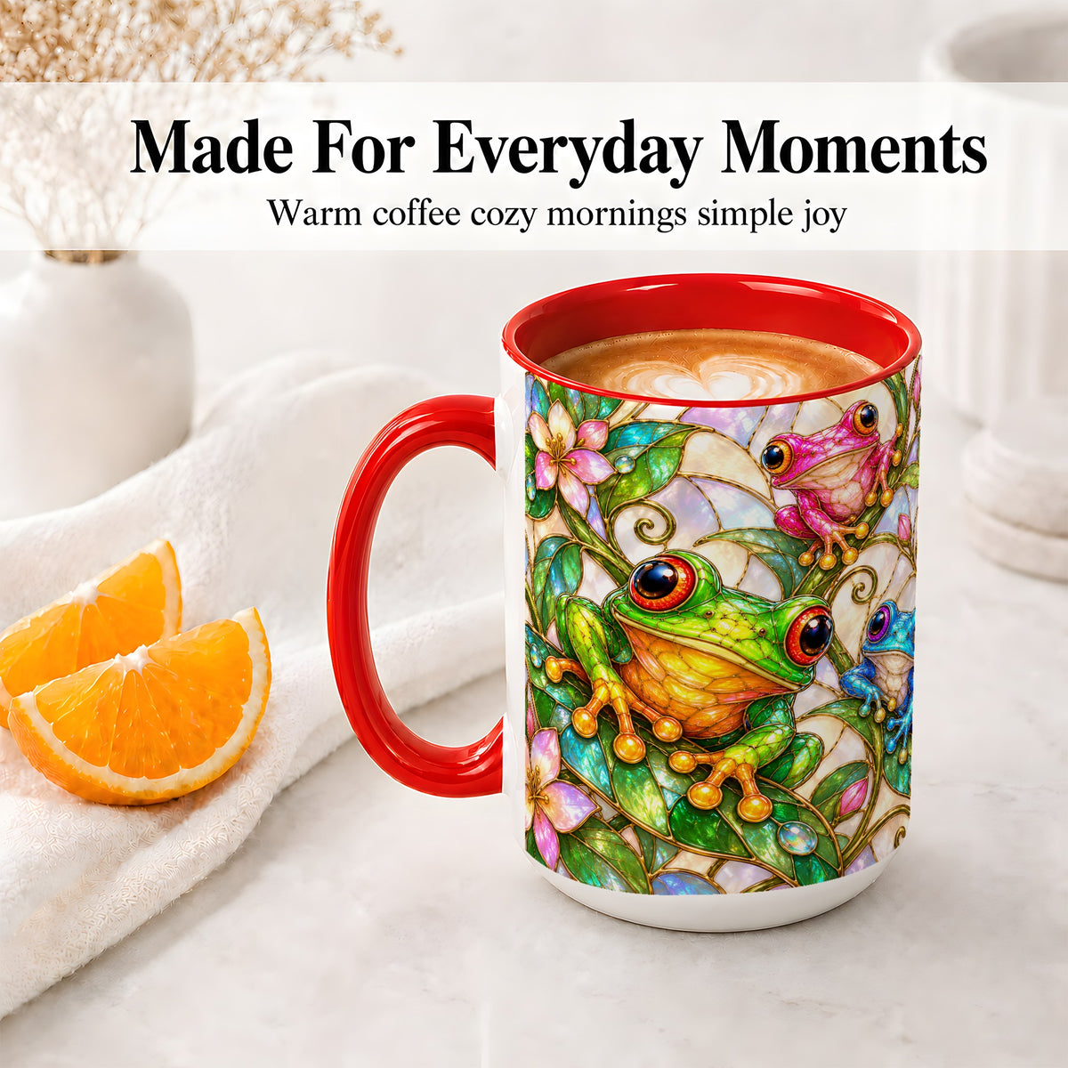#pl[15oz|Red] Colorful Frog Ceramic Mug, Stained Glass Style Floral Artwork