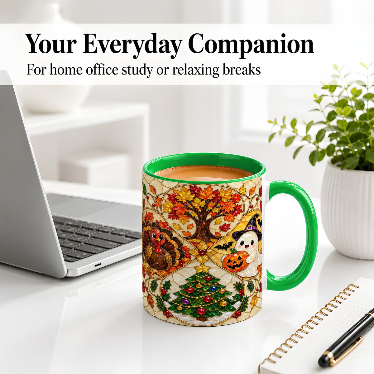 #pl[11oz|Green] Seasonal Holiday Ceramic Mug, Festive Character Artwork