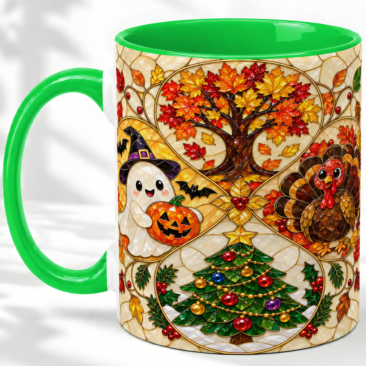 #pl[11oz|Green] Seasonal Holiday Ceramic Mug, Festive Character Artwork