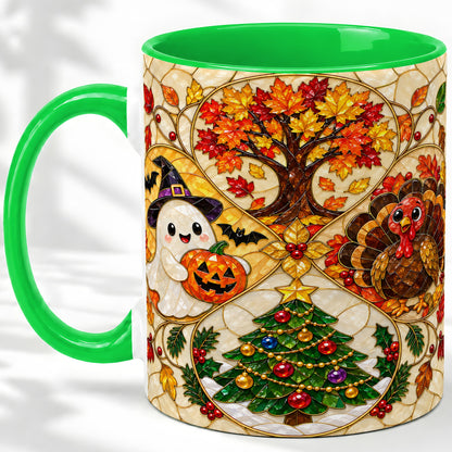 #pl[11oz|Green] Seasonal Holiday Ceramic Mug, Festive Character Artwork