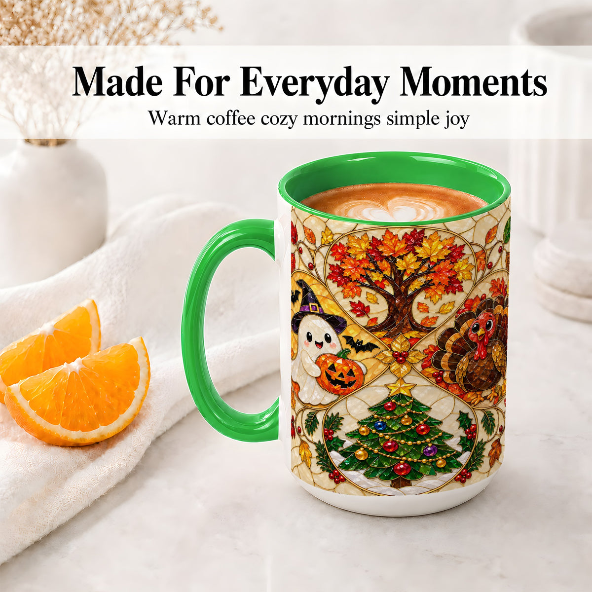 #pl[15oz|Green] Seasonal Holiday Ceramic Mug, Festive Character Artwork