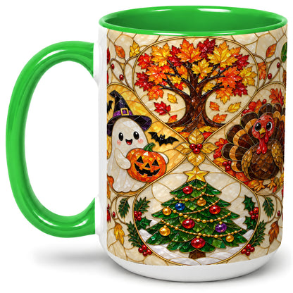 #pl[15oz|Green] Seasonal Holiday Ceramic Mug, Festive Character Artwork