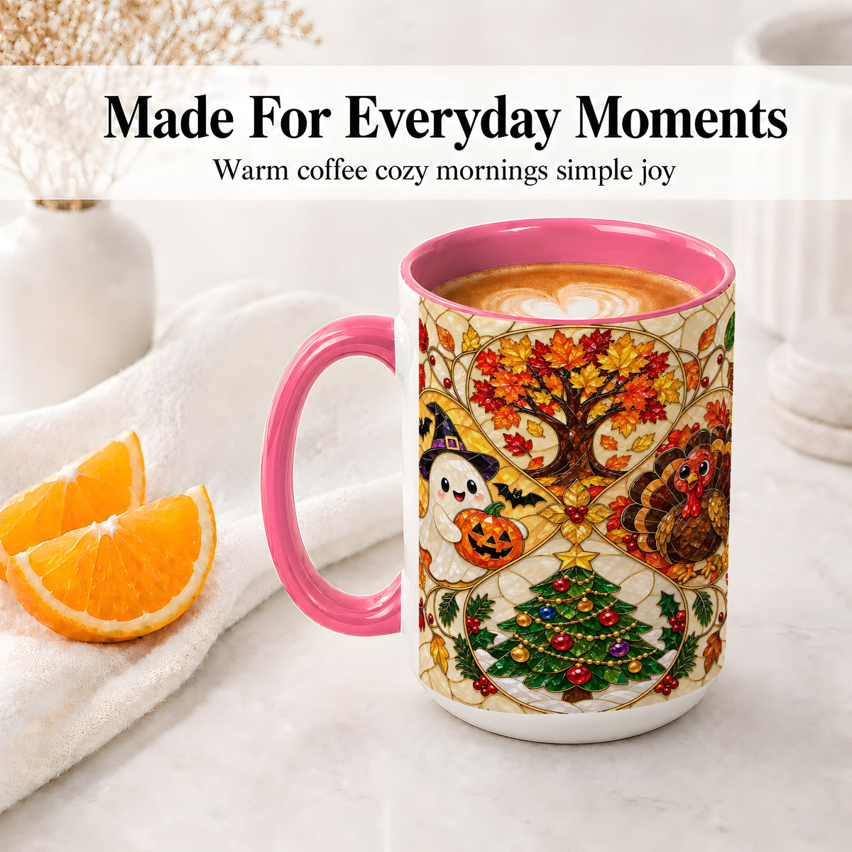 #pl[15oz|Pink] Seasonal Holiday Ceramic Mug, Festive Character Artwork