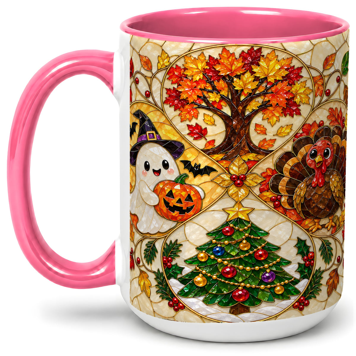 #pl[15oz|Pink] Seasonal Holiday Ceramic Mug, Festive Character Artwork