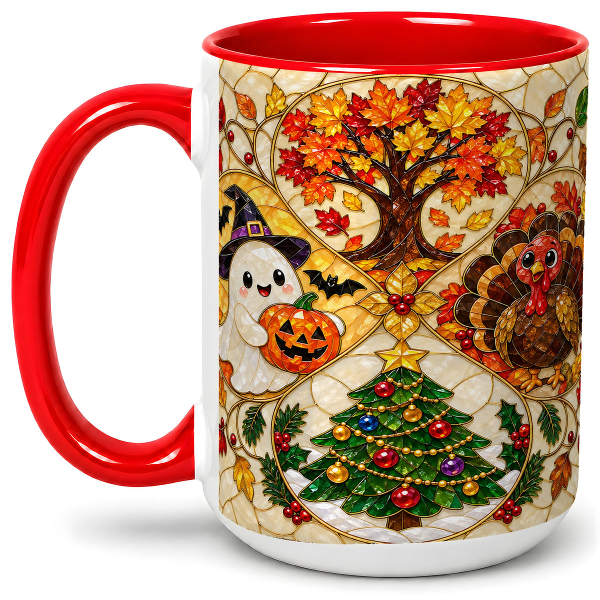 #pl[15oz|Red] Seasonal Holiday Ceramic Mug, Festive Character Artwork