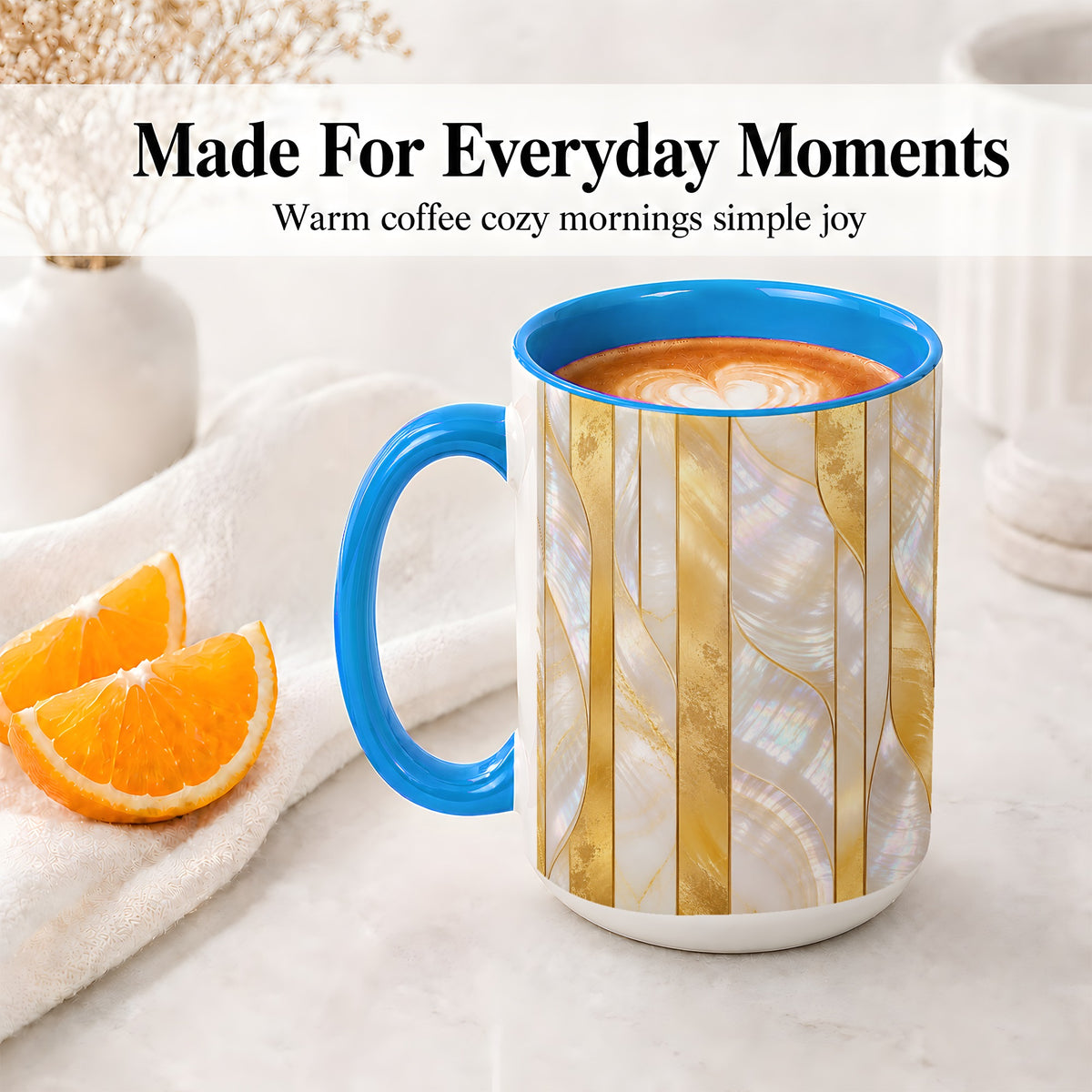 #pl[15oz|Blue] Pearl Gold Style Ceramic Mug, Abstract Geometric Artwork