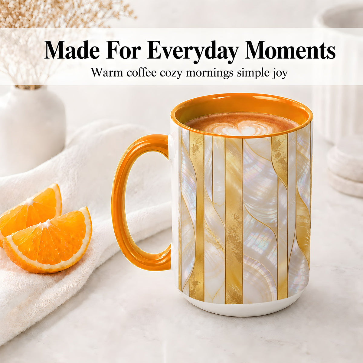 #pl[15oz|Orange] Pearl Gold Style Ceramic Mug, Abstract Geometric Artwork