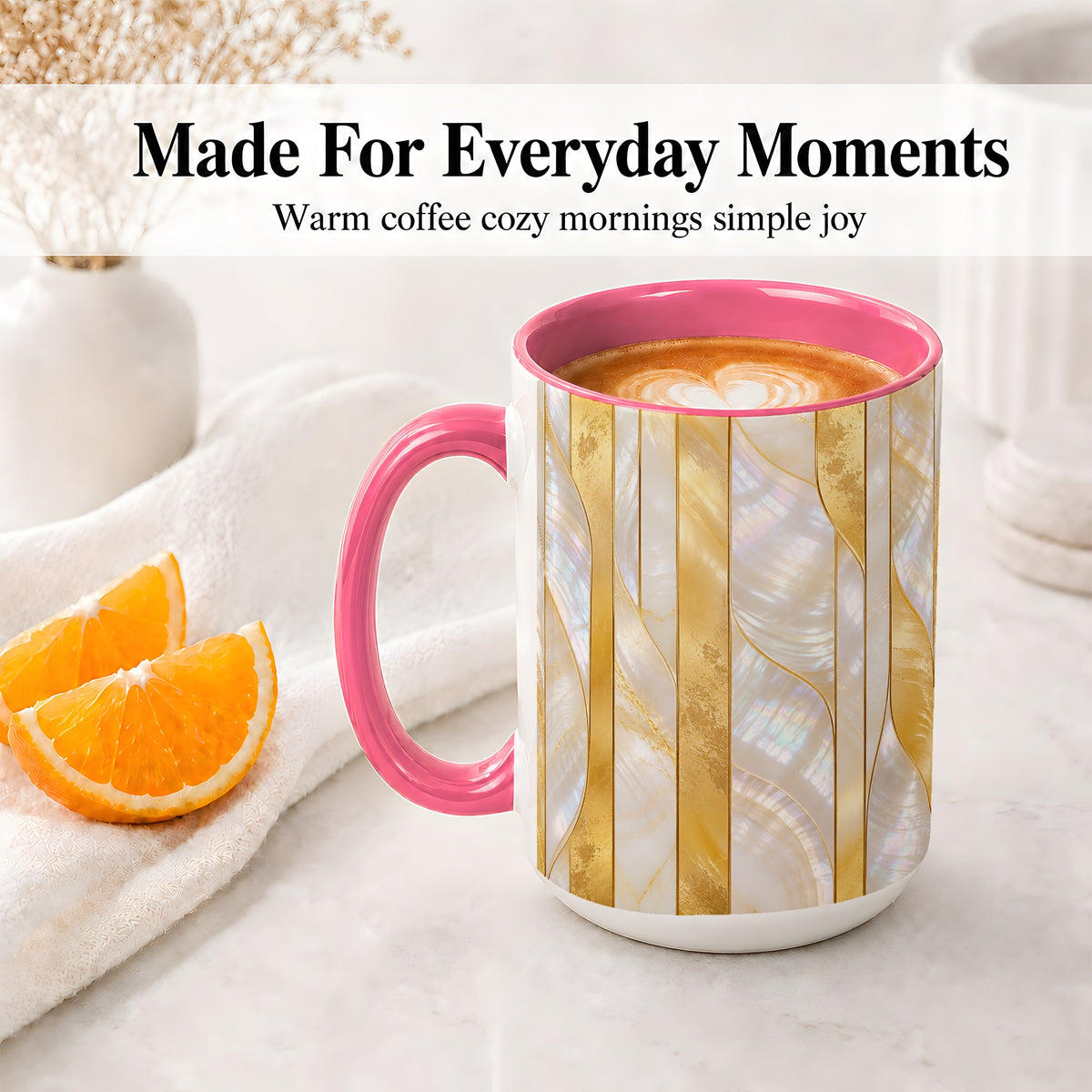 #pl[15oz|Pink] Pearl Gold Style Ceramic Mug, Abstract Geometric Artwork