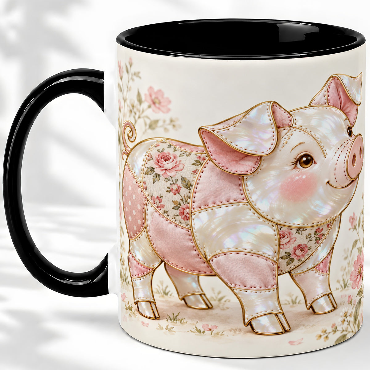 #pl[11oz|Black] Floral Pig Ceramic Mug, Pink Botanical Artwork for Pig Lovers