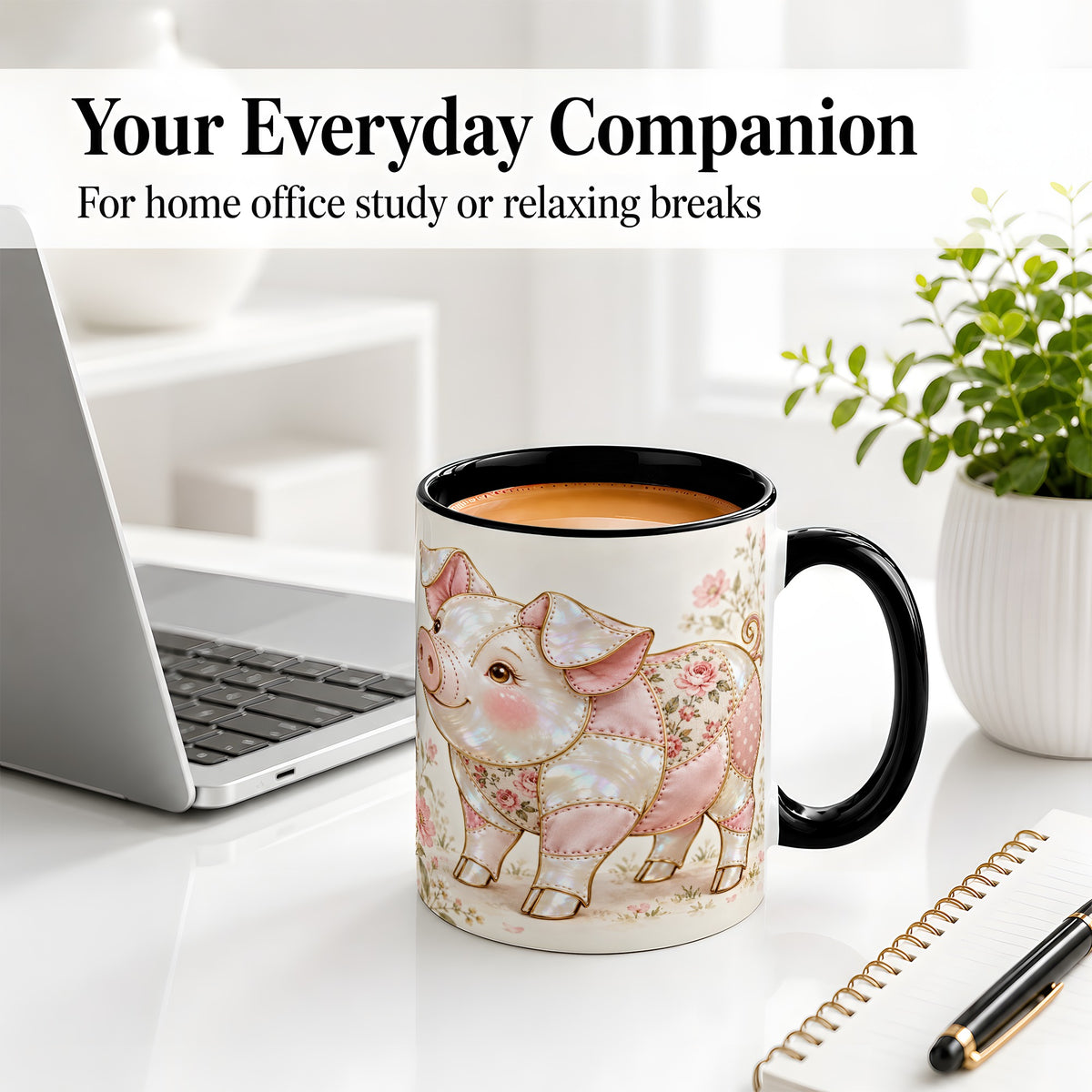 #pl[11oz|Black] Floral Pig Ceramic Mug, Pink Botanical Artwork for Pig Lovers