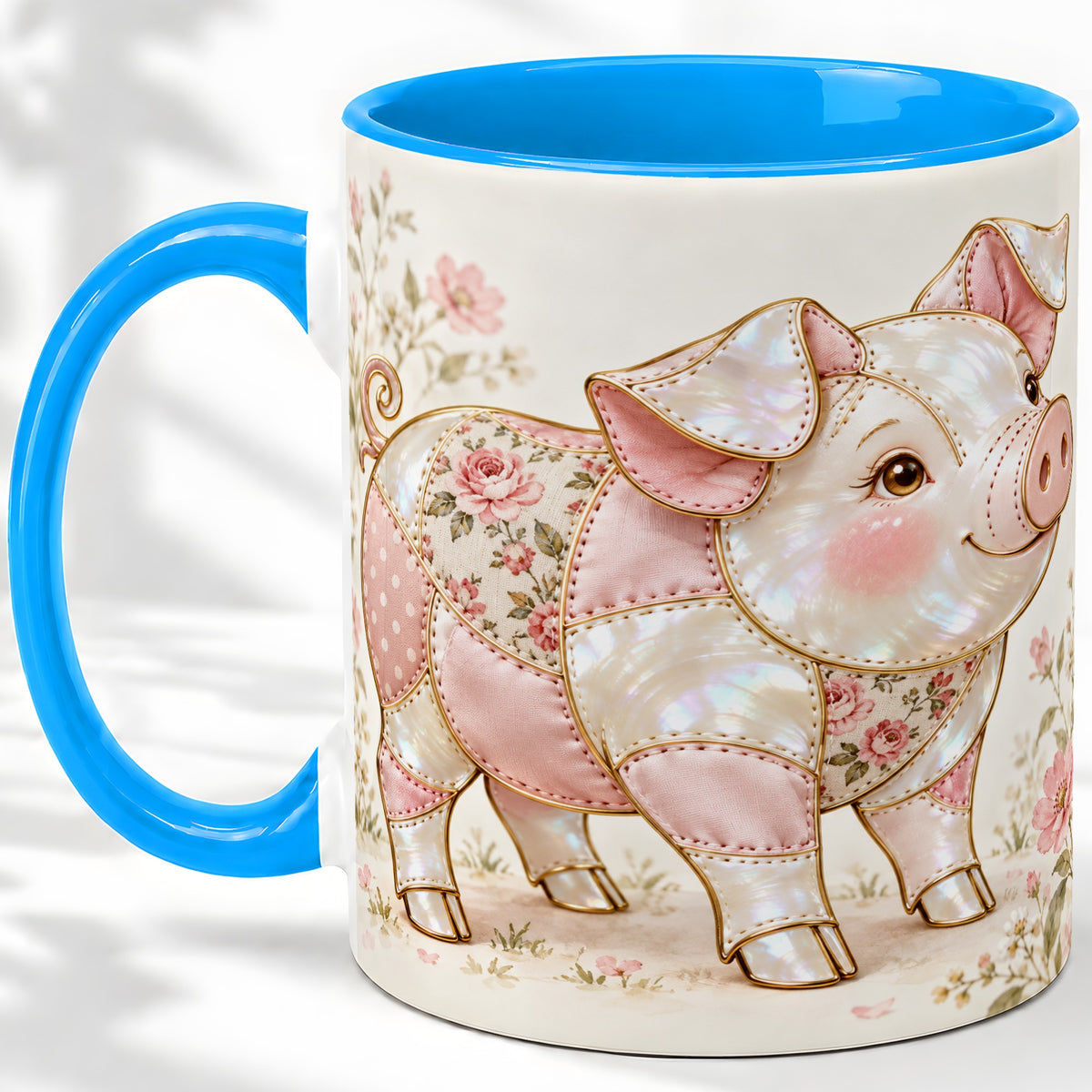 #pl[11oz|Blue] Floral Pig Ceramic Mug, Pink Botanical Artwork for Pig Lovers