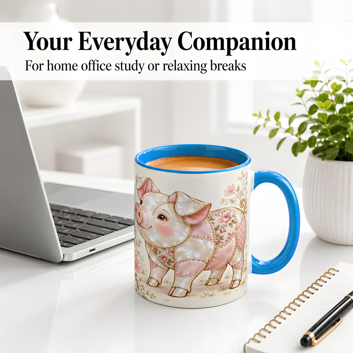 #pl[11oz|Blue] Floral Pig Ceramic Mug, Pink Botanical Artwork for Pig Lovers
