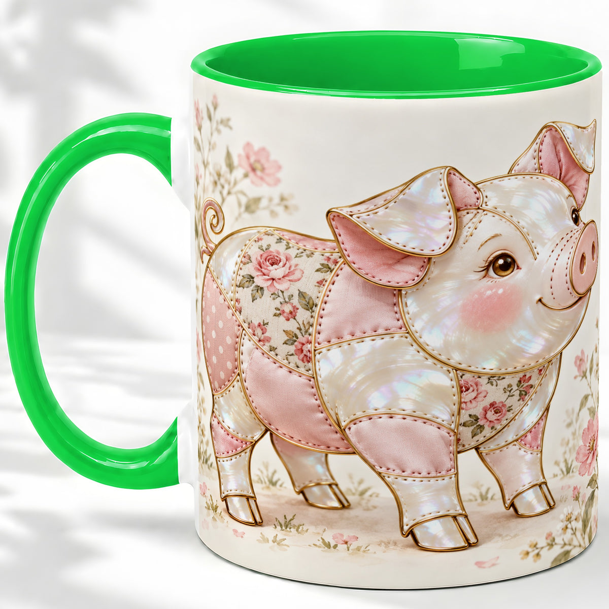 #pl[11oz|Green] Floral Pig Ceramic Mug, Pink Botanical Artwork for Pig Lovers