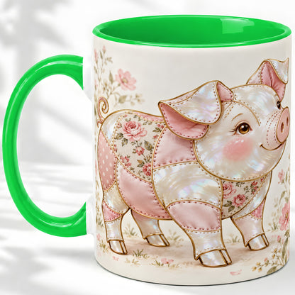 #pl[11oz|Green] Floral Pig Ceramic Mug, Pink Botanical Artwork for Pig Lovers