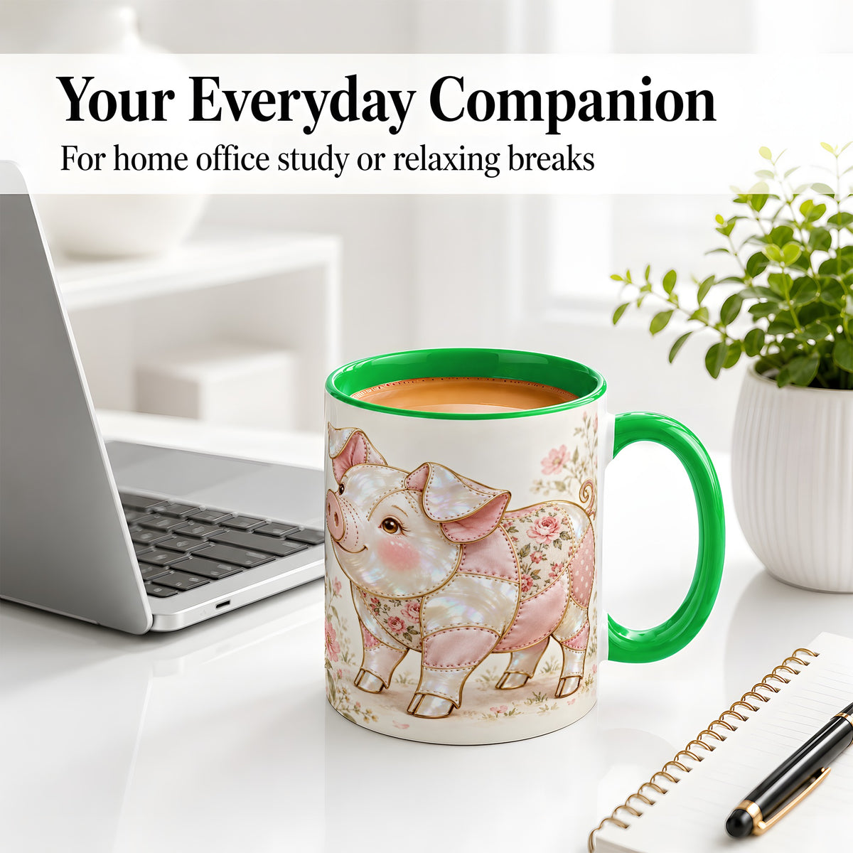 #pl[11oz|Green] Floral Pig Ceramic Mug, Pink Botanical Artwork for Pig Lovers