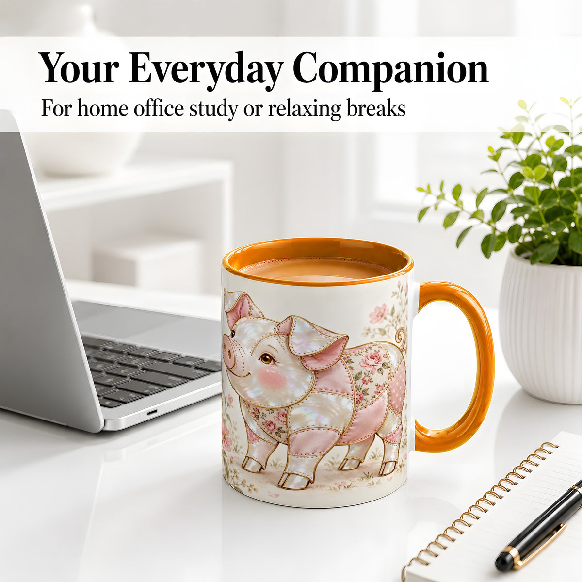 #pl[11oz|Orange] Floral Pig Ceramic Mug, Pink Botanical Artwork for Pig Lovers