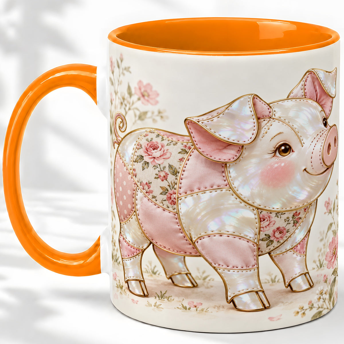 #pl[11oz|Orange] Floral Pig Ceramic Mug, Pink Botanical Artwork for Pig Lovers